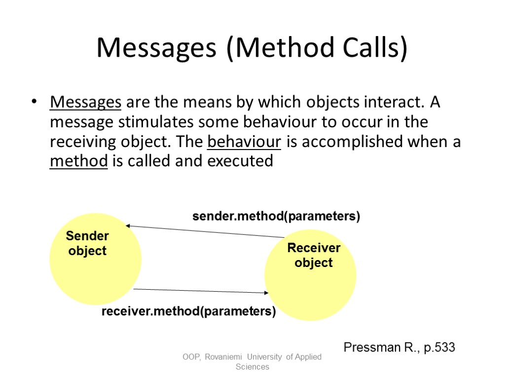 Messages (Method Calls) Messages are the means by which objects interact. A message stimulates